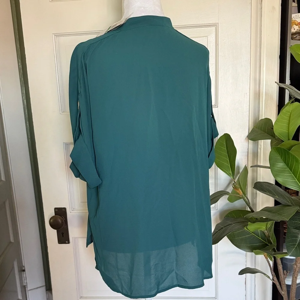 NWT Michael Kors Atlantic Blue Roll Tab Blouse Petite Large Gold MK Hardware